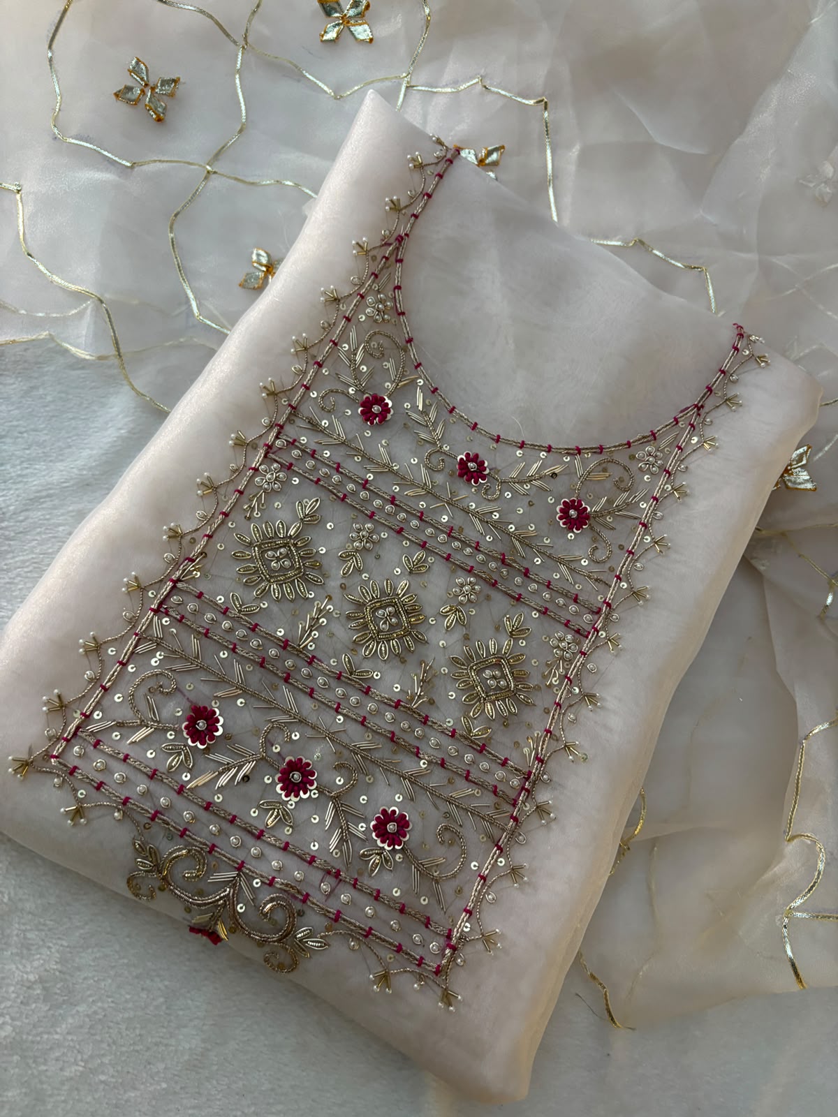 Organza Zardozi Work unstitched Suit With Gota Patti Dupatta