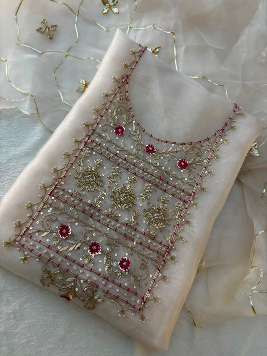 Organza Zardozi Work unstitched Suit With Gota Patti Dupatta