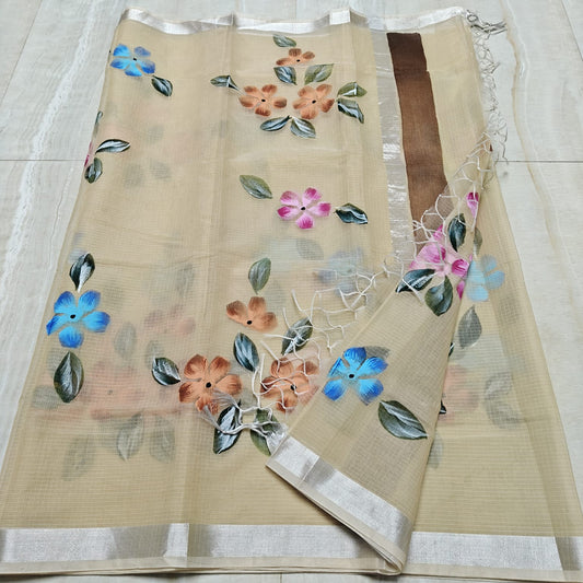 Kota Doria Saree With Hand Bursh Print Work