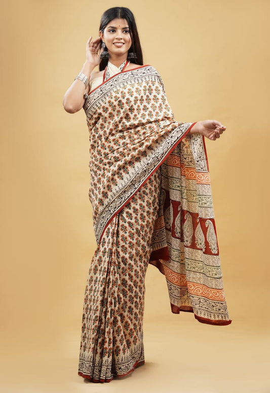 Pure Hand Block Printed Cotton Sarees With Blouse