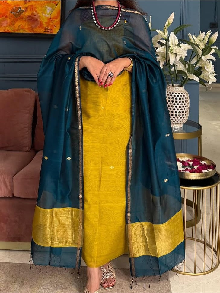 Pure Maheswari Silk Cotton Handwoven Unstitch Suit With  Buti