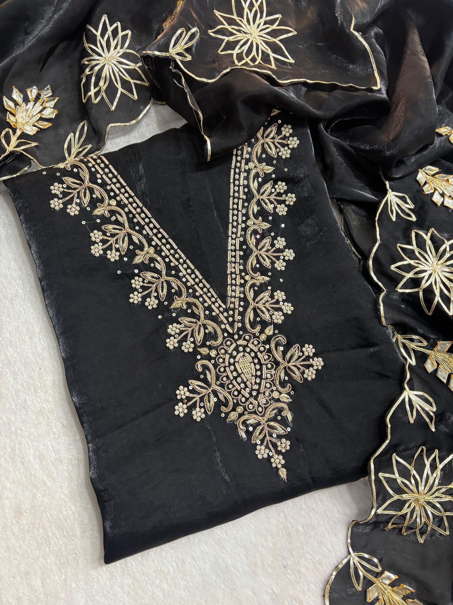 Premium Crush tissue  Unstitched Suit Zardogi Work With Gota Patti Duptta