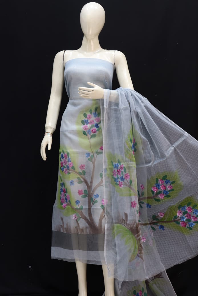Pure Kota Doriya Suit With Hand Brush Print Unstitched Suit