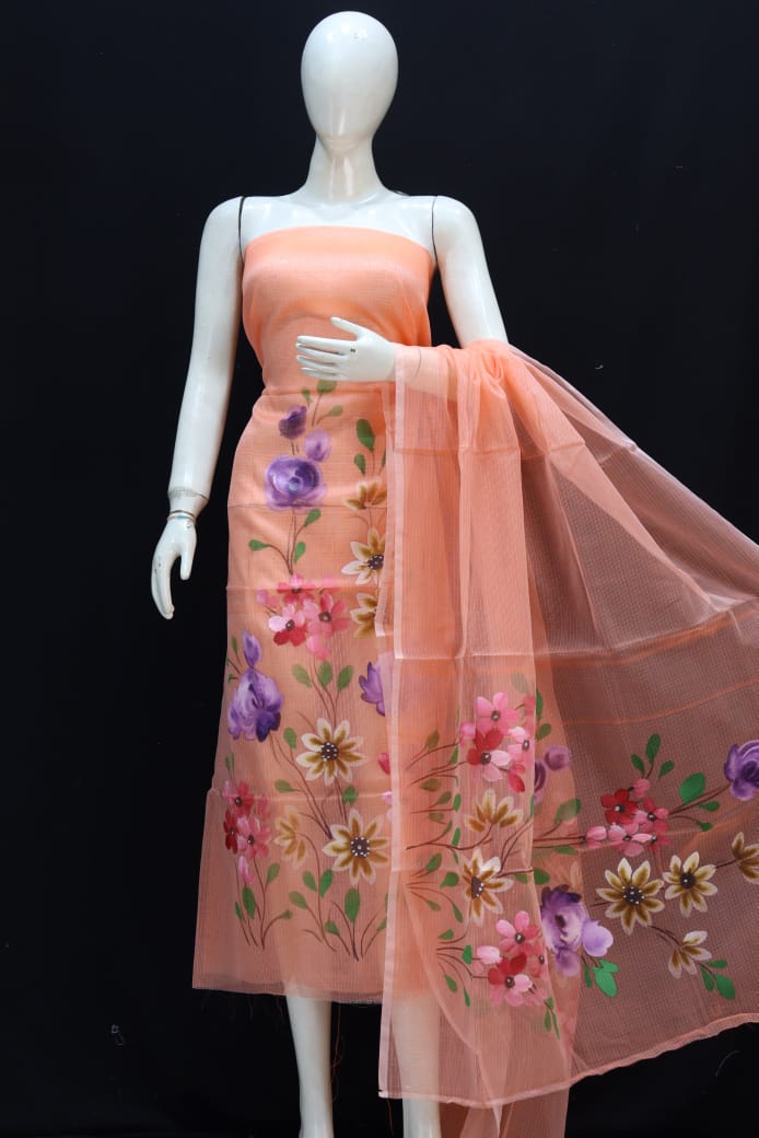 Pure Kota Doriya Suit With Hand Brush Print Unstitched Suit