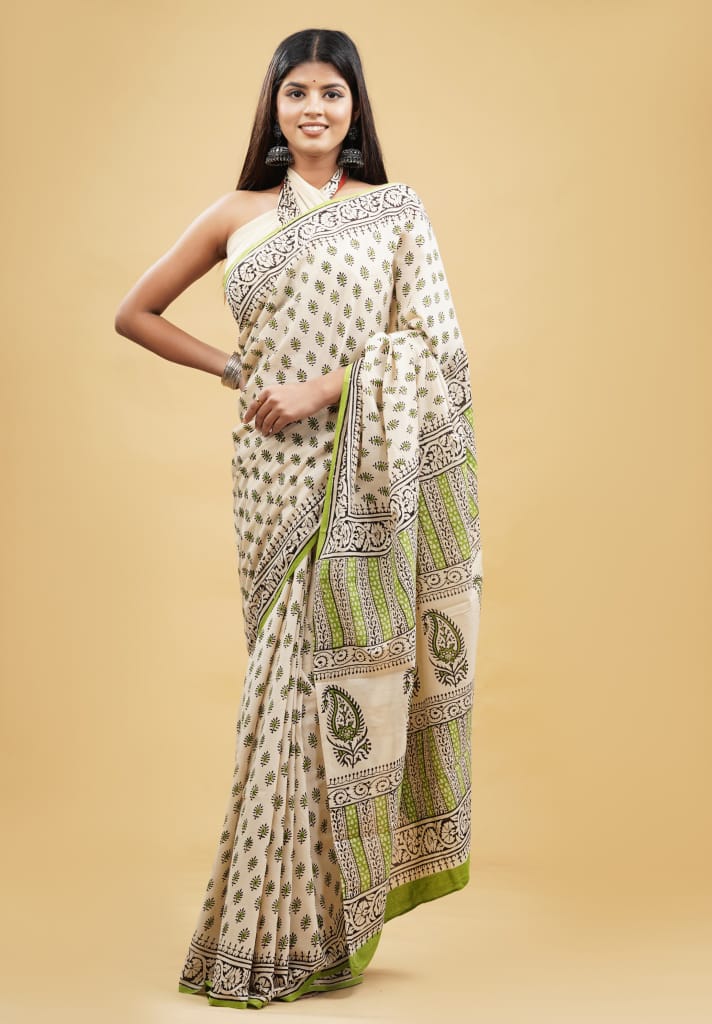 Pure Hand Block Printed Cotton Sarees With Blouse