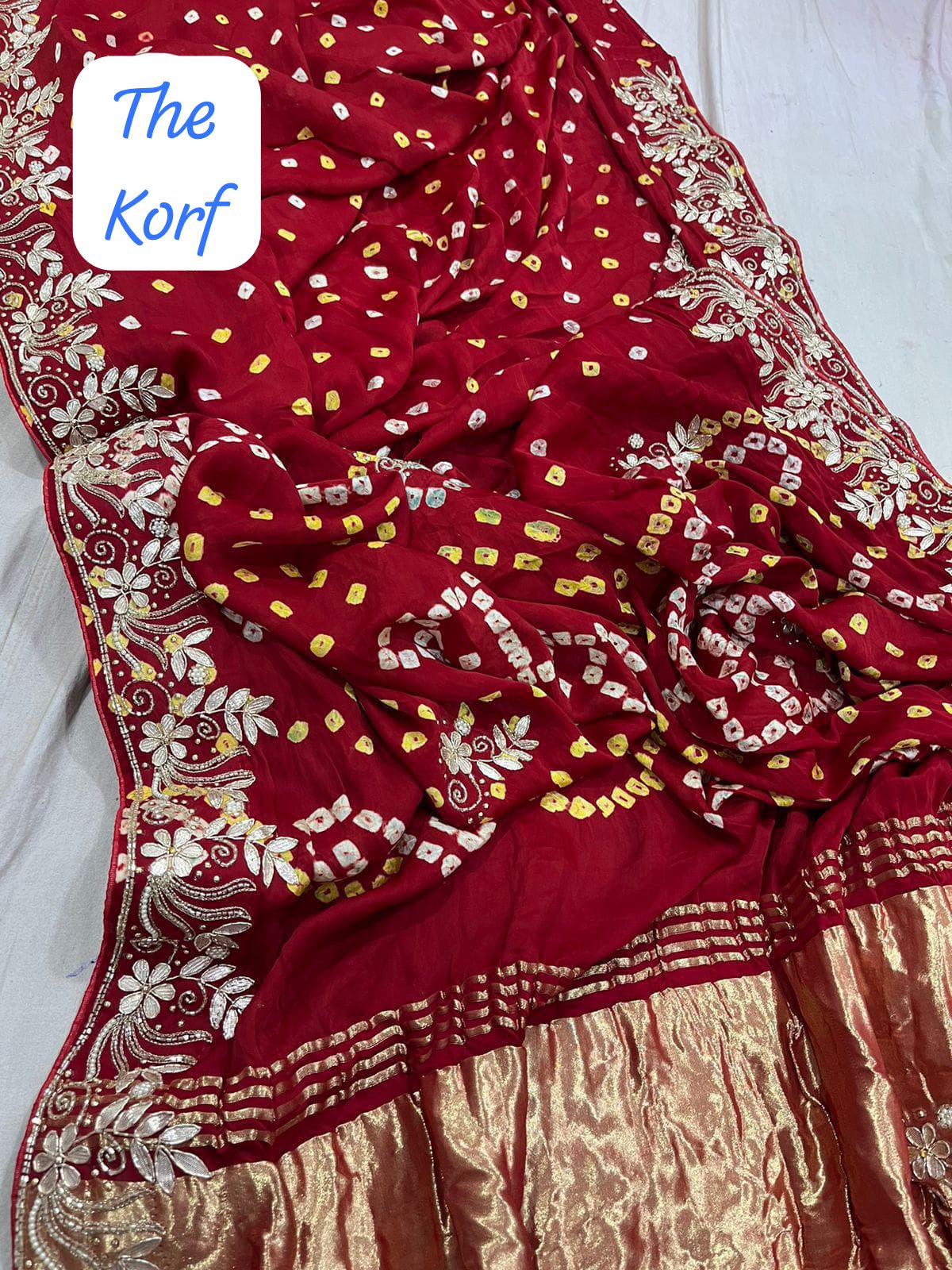 Pure Hand Bandhej Gajji Silk Saree Gota Patti Work With Hand Work Blouse.
