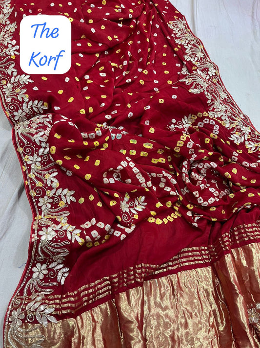 Pure Hand Bandhej Gajji Silk Saree Gota Patti Work With Hand Work Blouse.