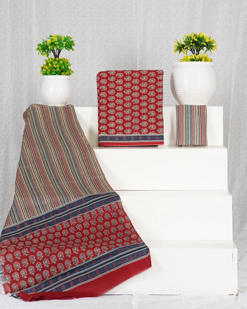 Pure Cotton Jaipuri Hand Block Print Unstitched Suit With Mul Cotton Dupatta.