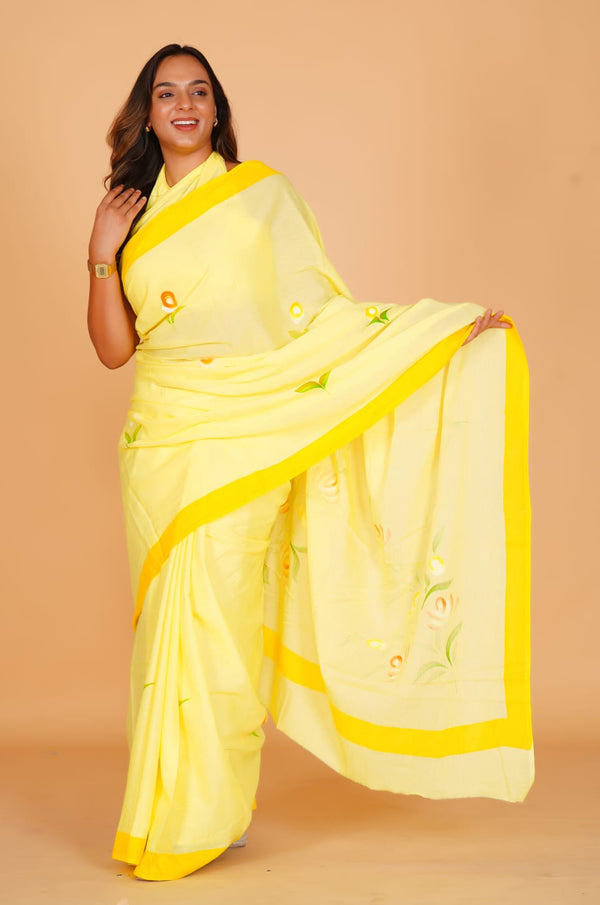 Pure Hand Printed Cotton Sarees With Blouse