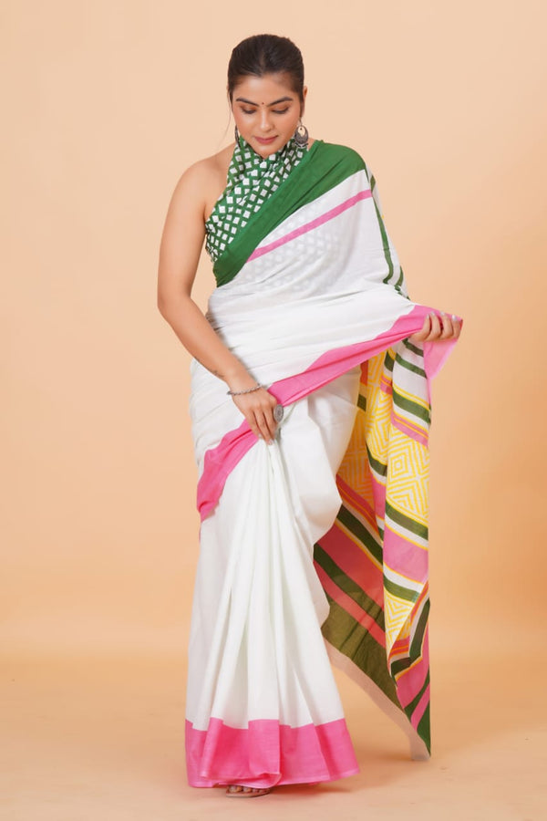 Pure Hand Printed Cotton Sarees With Blouse