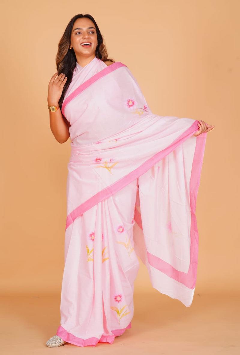 Pure Hand Printed Cotton Sarees With Blouse