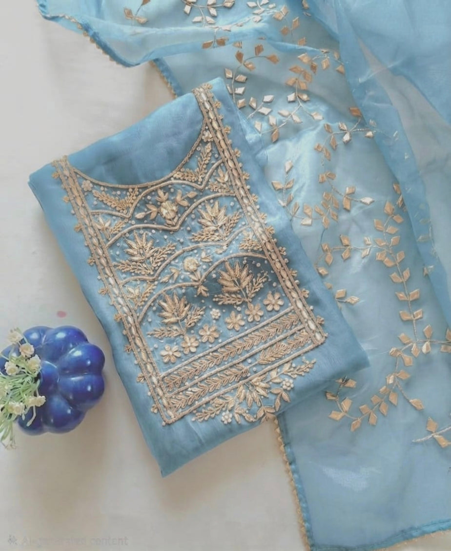 Pure Organza Zardozi Work unstitched Suit With Kacha Patti Dupatta