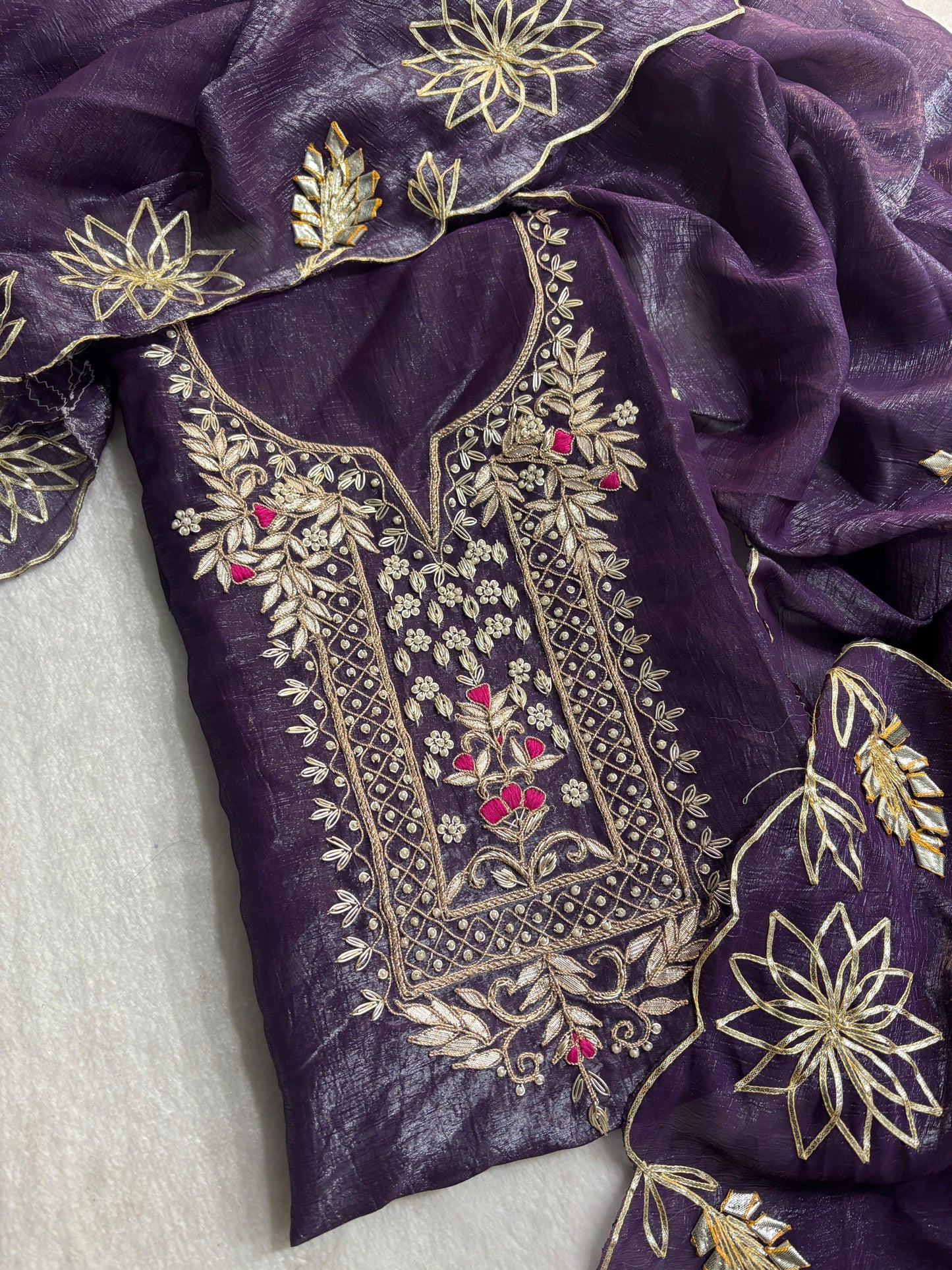 Premium Crush tissue  Unstitched Suit Zardogi Work With Gota Patti Duptta