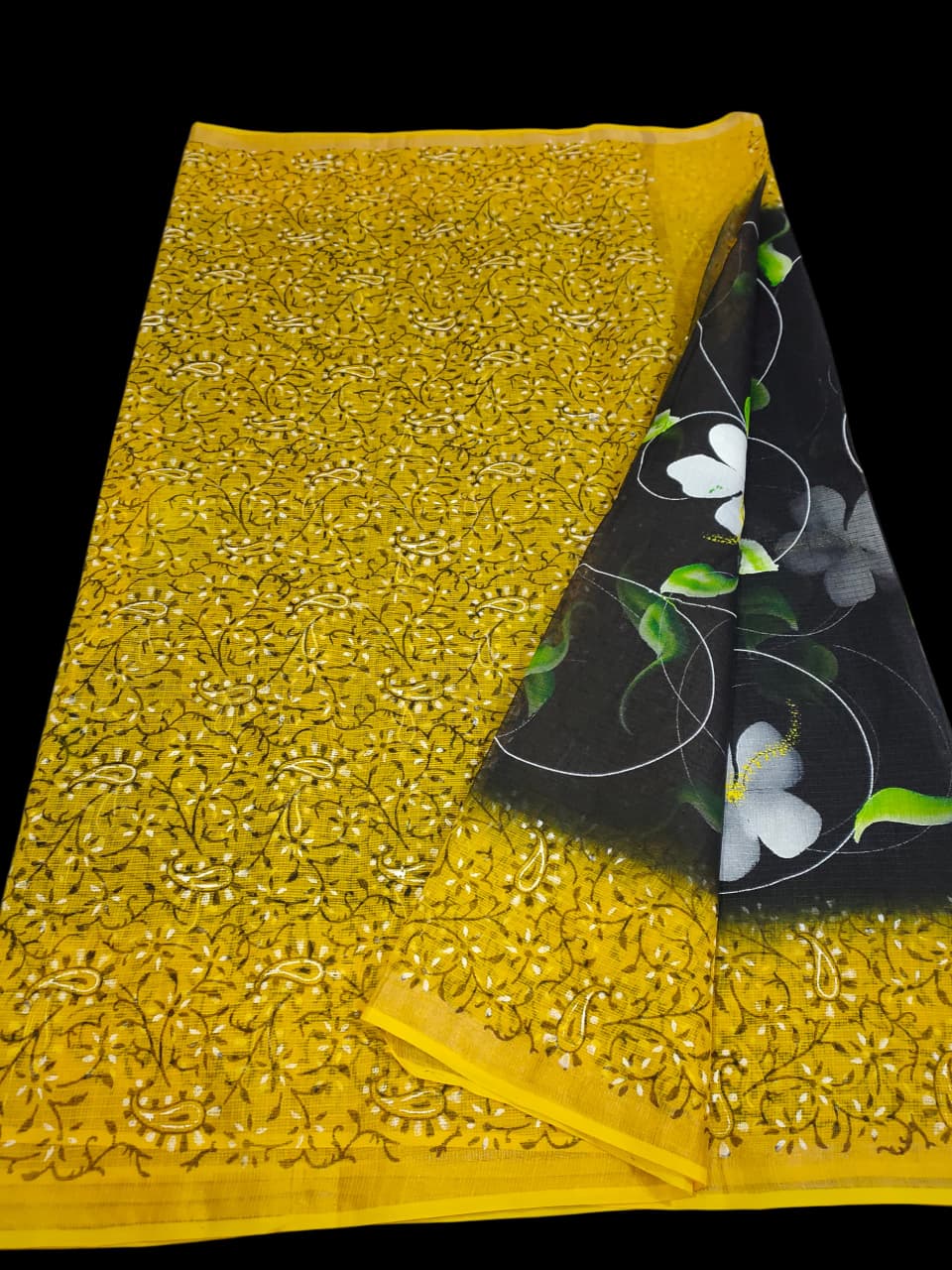 Kota Doria Saree With Hand Bursh Print Work