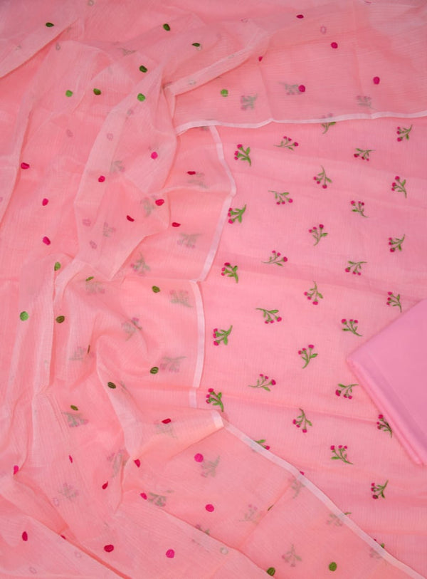 Pure Kota Doriya Embroidery Unstitched Suit With Dupatta & Bottom