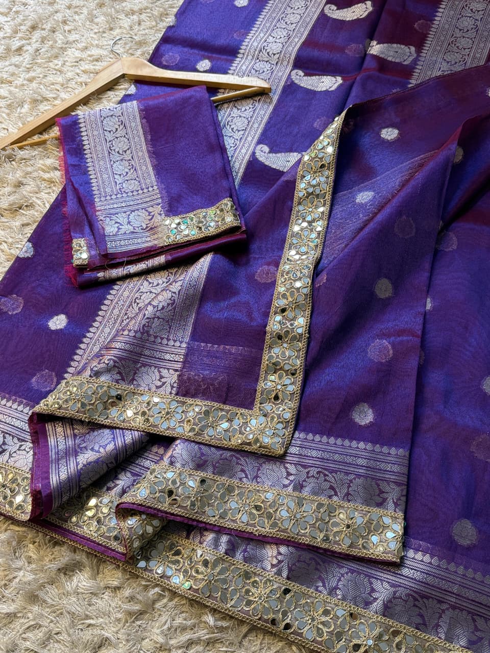 Tissue Silk Saree with Stripe Work and Moti Border
