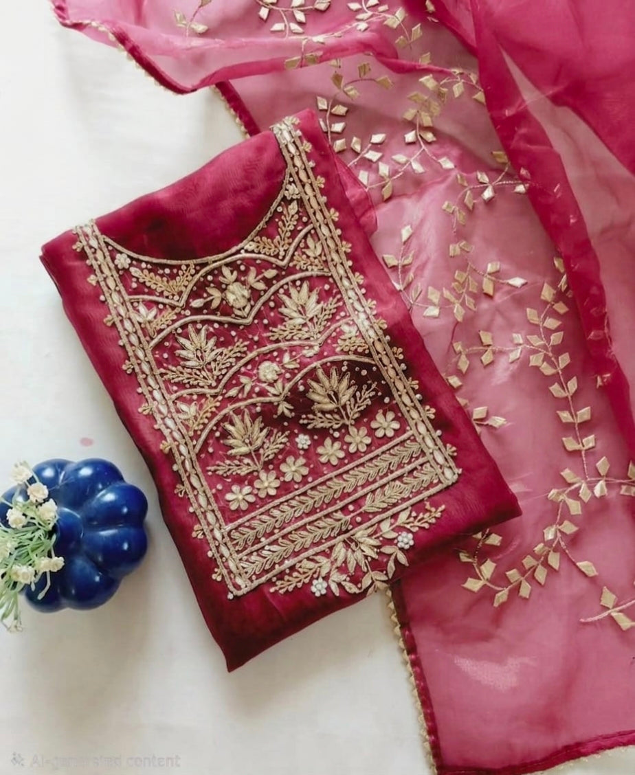 Pure Organza Zardozi Work unstitched Suit With Kacha Patti Dupatta