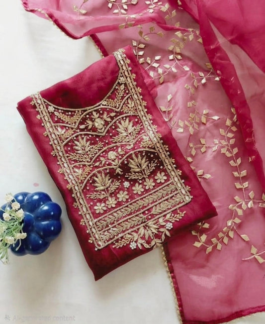 Pure Organza Zardozi Work unstitched Suit With Kacha Patti Dupatta