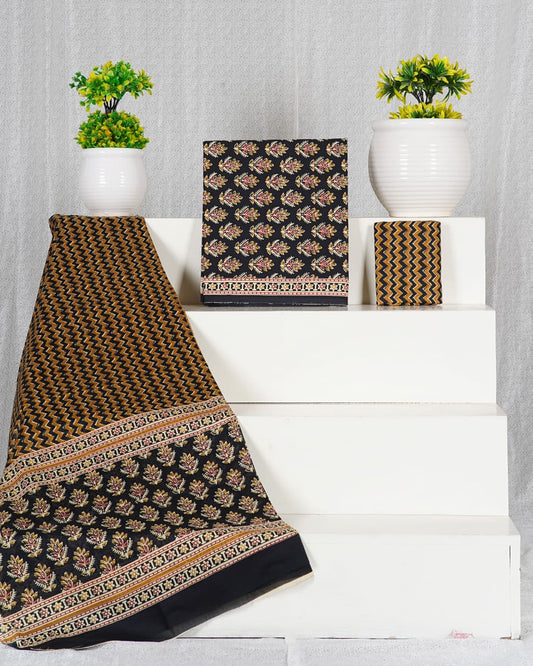 Pure Cotton Hand Block Print Unstitched Suit With Mul Cotton Dupatta.