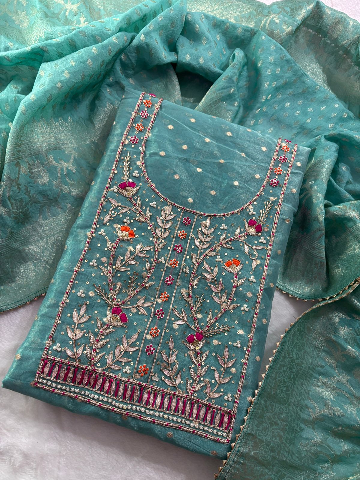 Premium Modal Rajwadi Chanderi Unstitched Suit With Banarsi dupatta