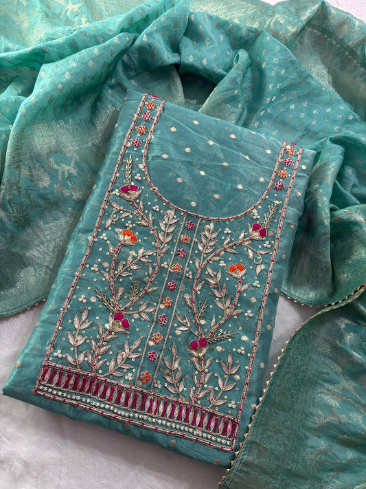 Premium Modal Rajwadi Chanderi Unstitched Suit With Banarsi dupatta