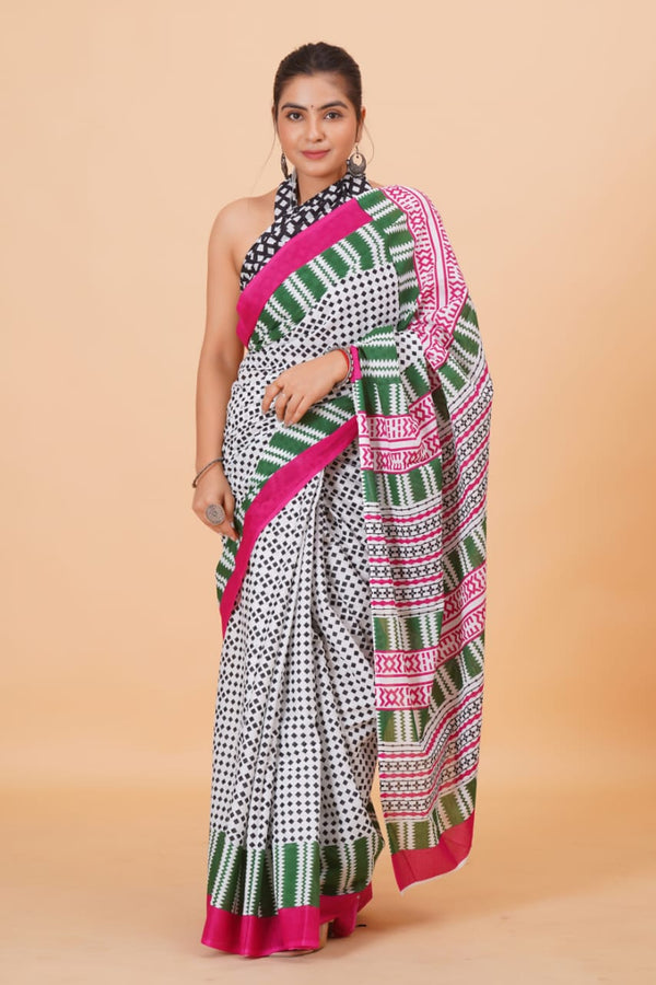 Pure Hand Printed Cotton Sarees With Blouse