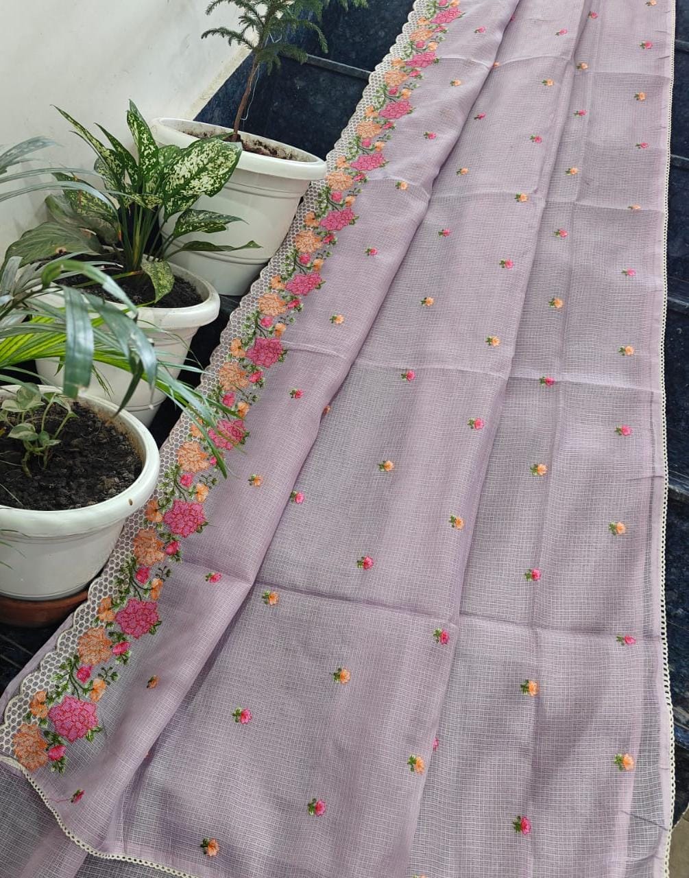 Kota Doria Soft Silk Saree With Embroidery  Work