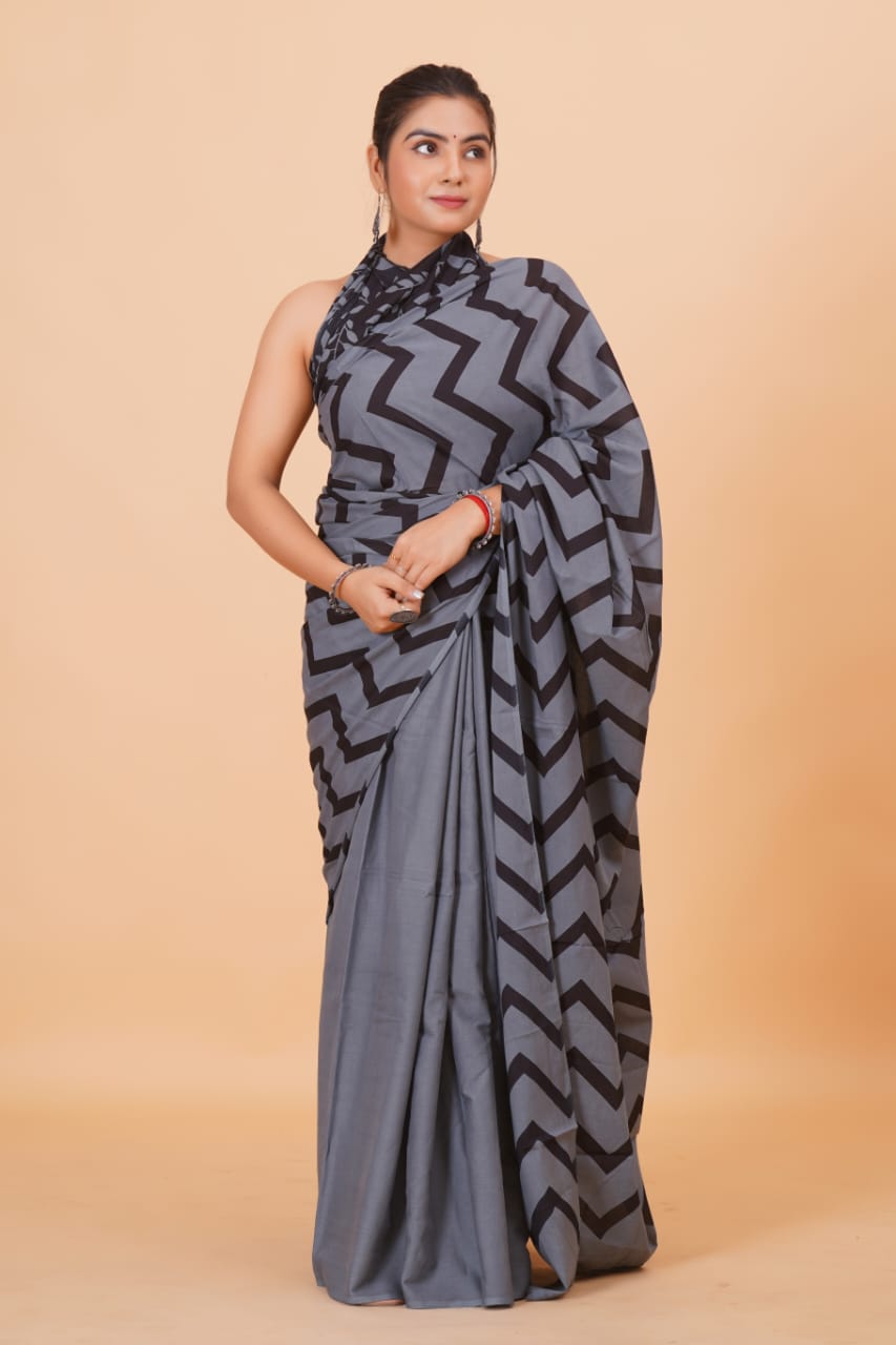 Pure Hand Printed Cotton Sarees With Blouse