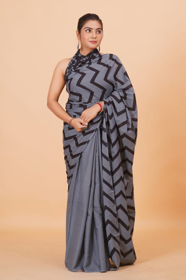 Pure Hand Printed Cotton Sarees With Blouse