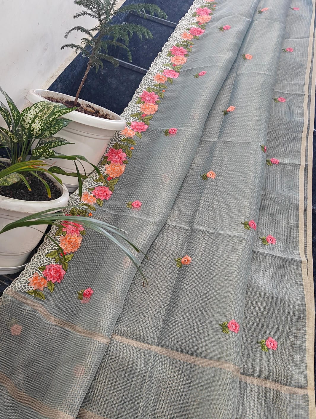 Kota Doria Saree With Tissue Kota Weaving Work