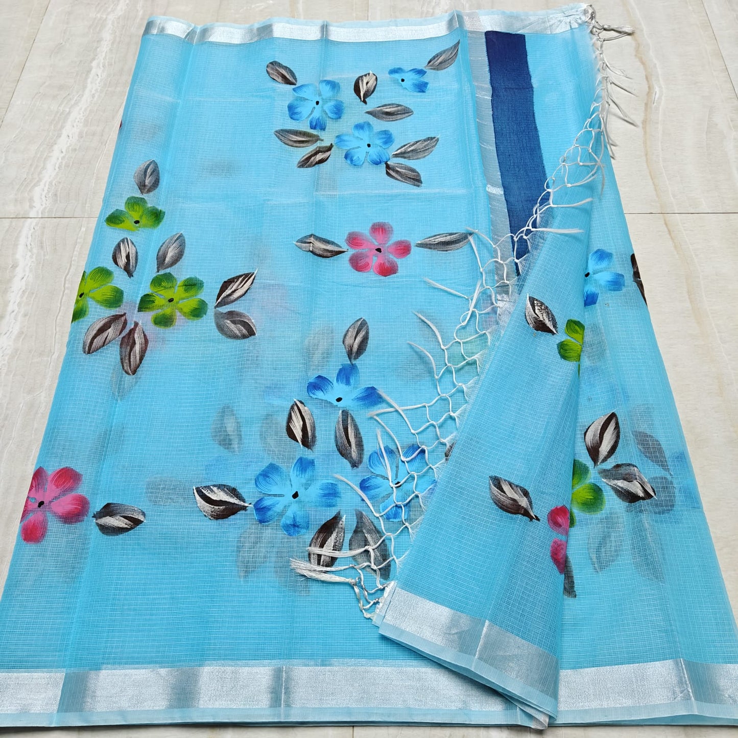 Kota Doria Saree With Hand Bursh Print Work