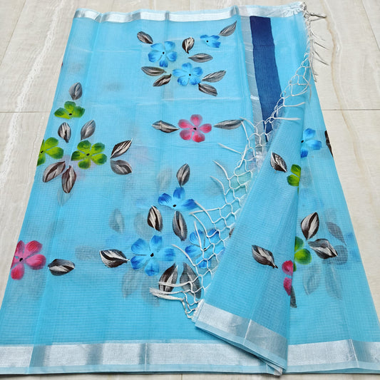 Kota Doria Saree With Hand Bursh Print Work