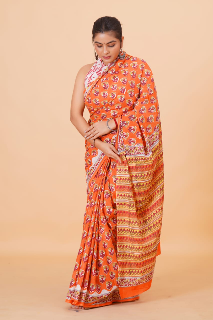 Pure Hand Block Printed Cotton Sarees With Blouse