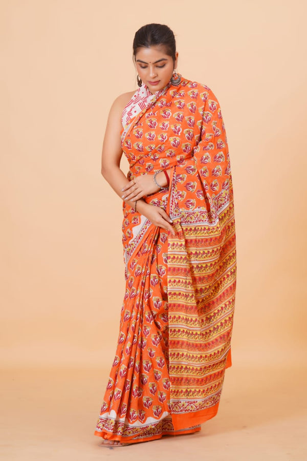 Pure Hand Block Printed Cotton Sarees With Blouse