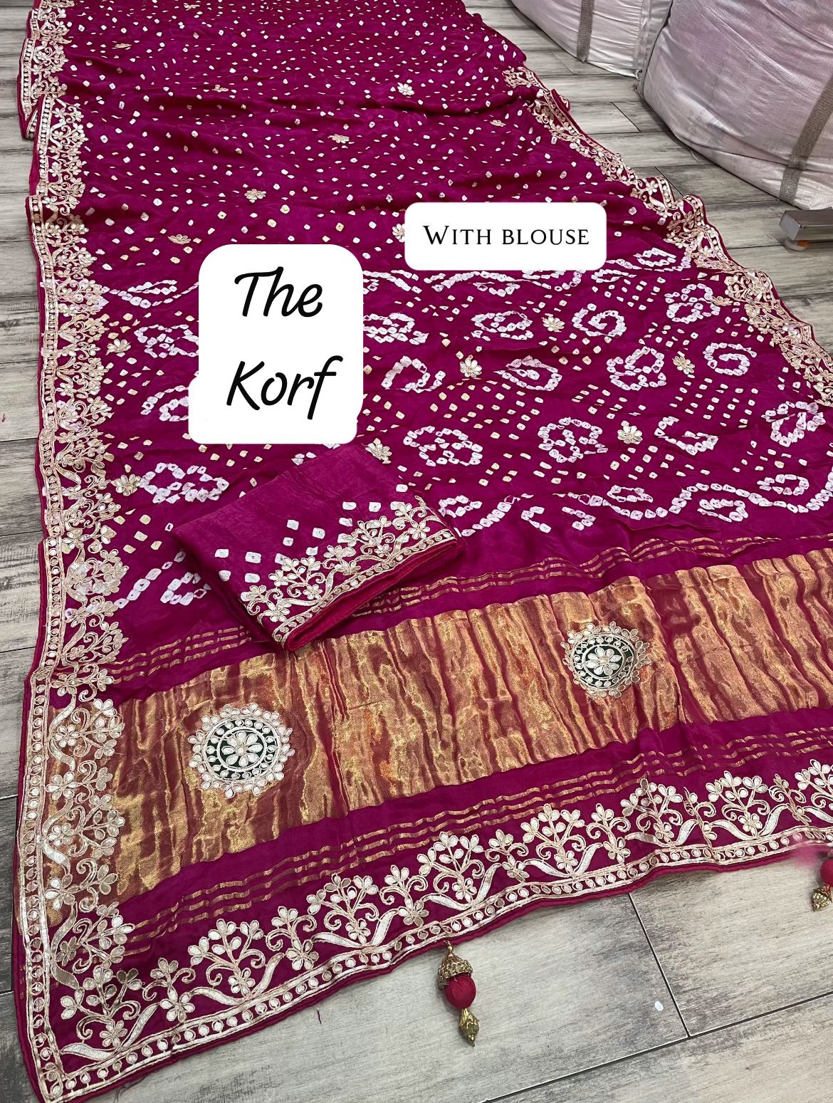 Pure Hand Bandhej Gajji Silk Saree Gota Patti Work With Hand Work Blouse.