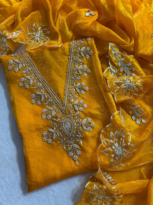 Premium Crush tissue  Unstitched Suit Zardogi Work With Gota Patti Duptta