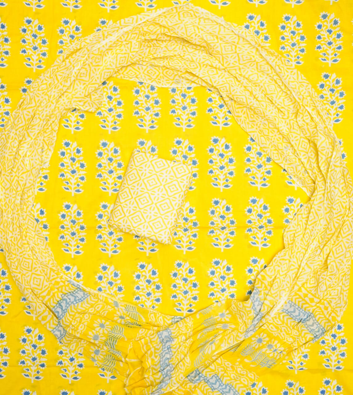 Pure Cotton Hand Block Print Unstitched Suit With Mul Cotton Dupatta.