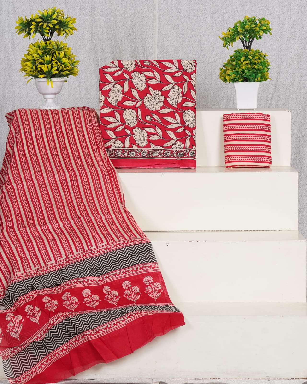 Pure Cotton Jaipuri Hand Block Print Unstitched Suit With Mul Cotton Dupatta.