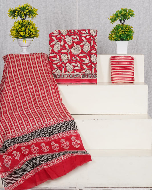 Pure Cotton Jaipuri Hand Block Print Unstitched Suit With Mul Cotton Dupatta.
