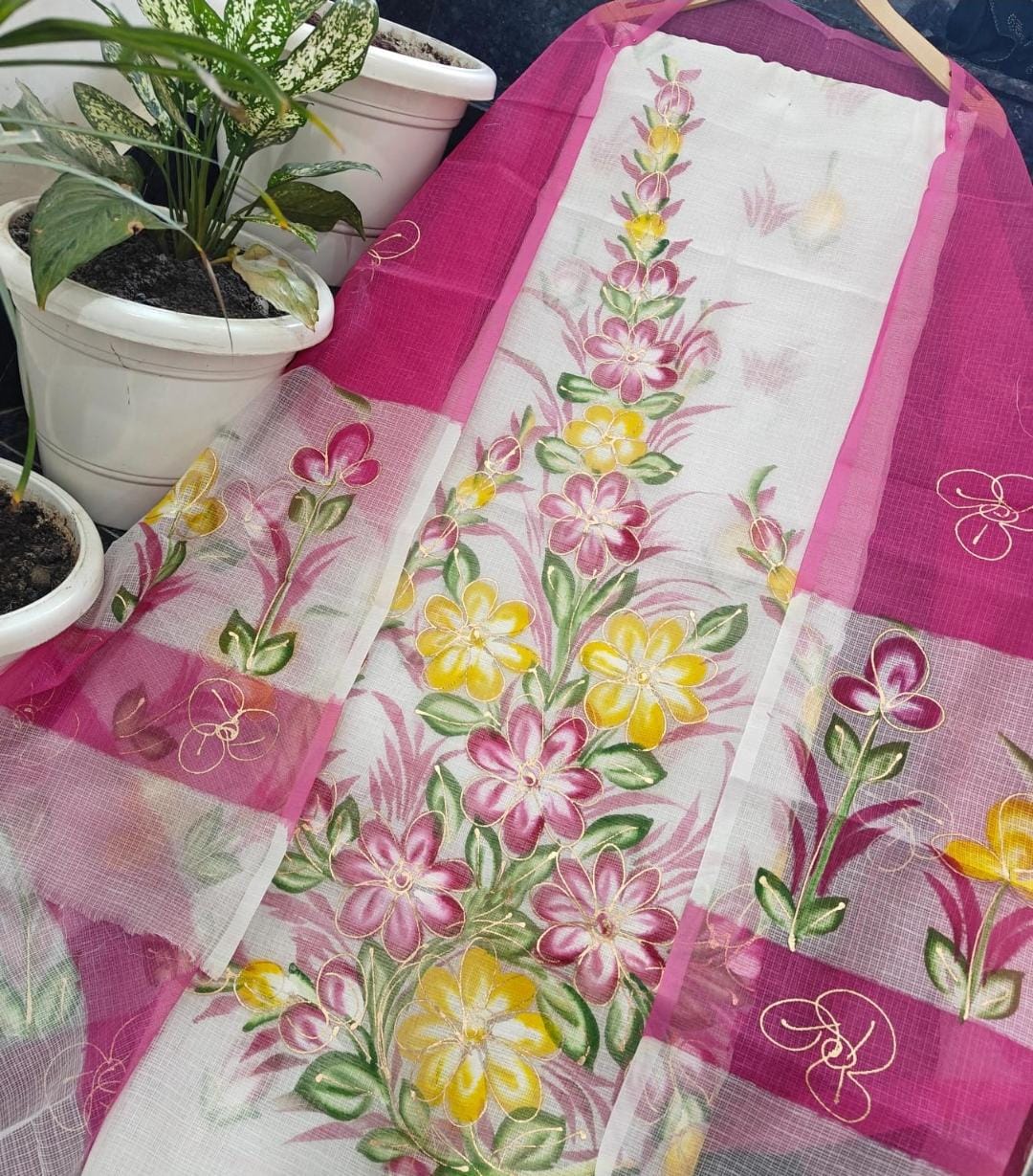 Pure Kota Doriya Unstitched Suit  Brush Print Work With Duptta