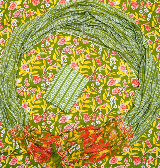 Pure Cotton Hand Block Print Unstitched Suit With Mul Cotton Dupatta.