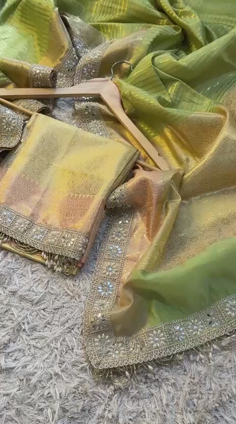 Tissue Silk Saree with Stripe Work and Moti Border