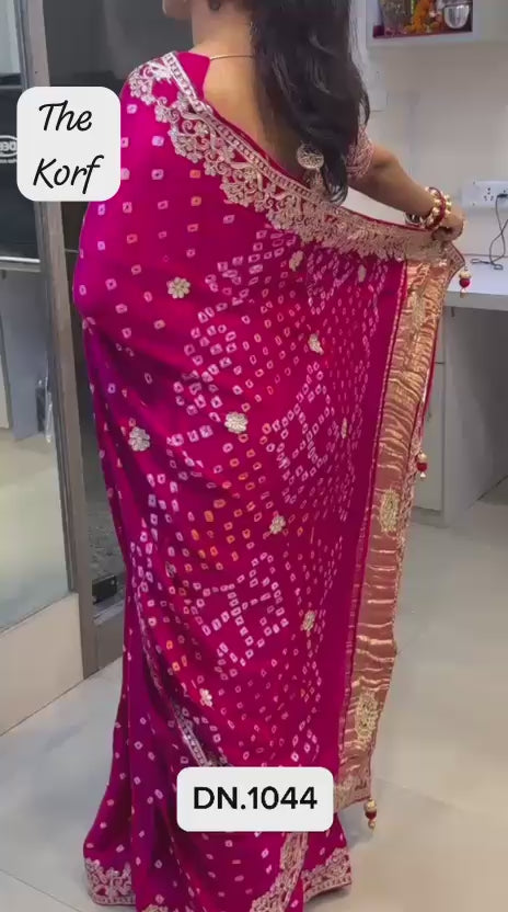 Pure Hand Bandhej Gajji Silk Saree Gota Patti Work With Hand Work Blouse.