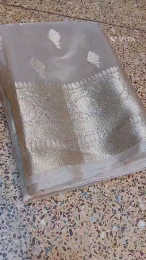 Banarasi Tissue Silk Saree With Zari Booti Weaving Designer Pallu