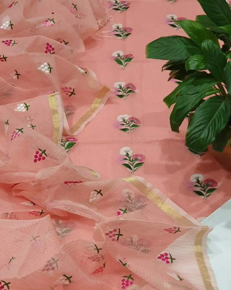 Pure Kota Doriya Embroidery Work Unstitched Suit With Chikankari Bottom.