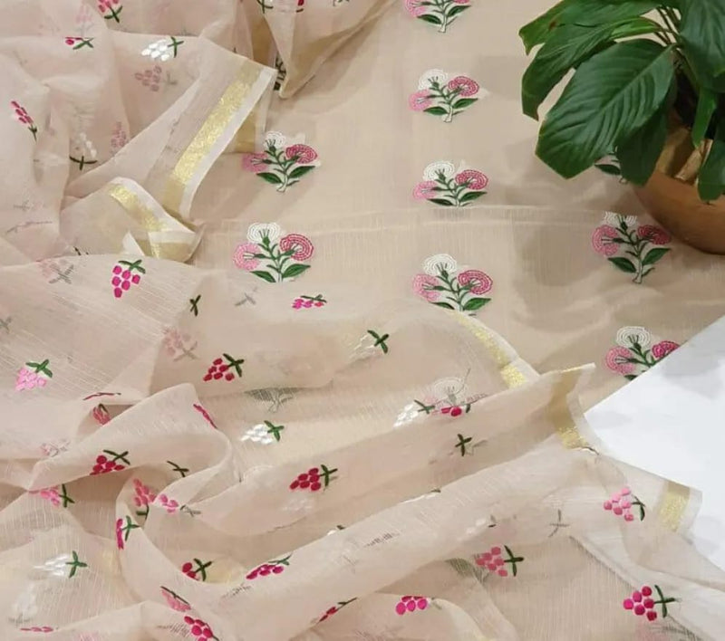 Pure Kota Doriya Embroidery Work Unstitched Suit With  Bottom.