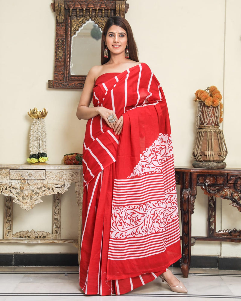 Pure Hand Printed Cotton Sarees With Blouse