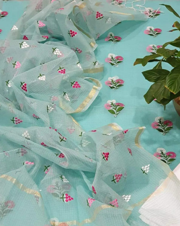 Pure Kota Doriya Embroidery Work Unstitched Suit With Bottom.