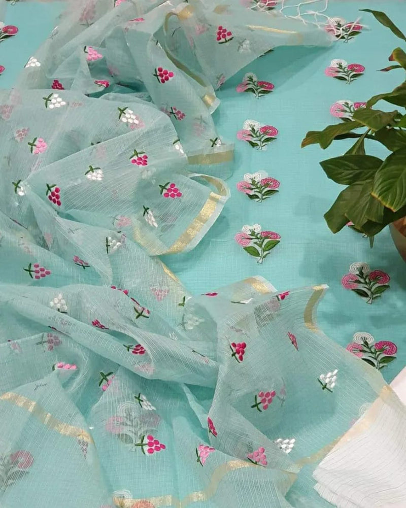 Pure Kota Doriya Embroidery Work Unstitched Suit With Bottom.