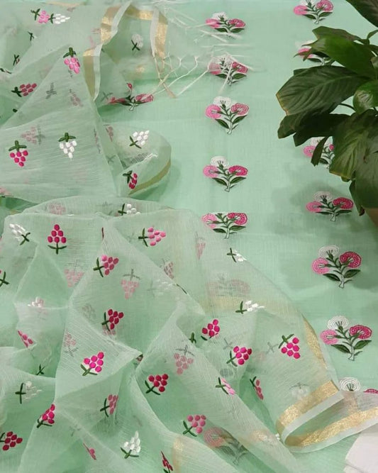 Pure Kota Doriya Embroidery Work Unstitched Suit With  Bottom.